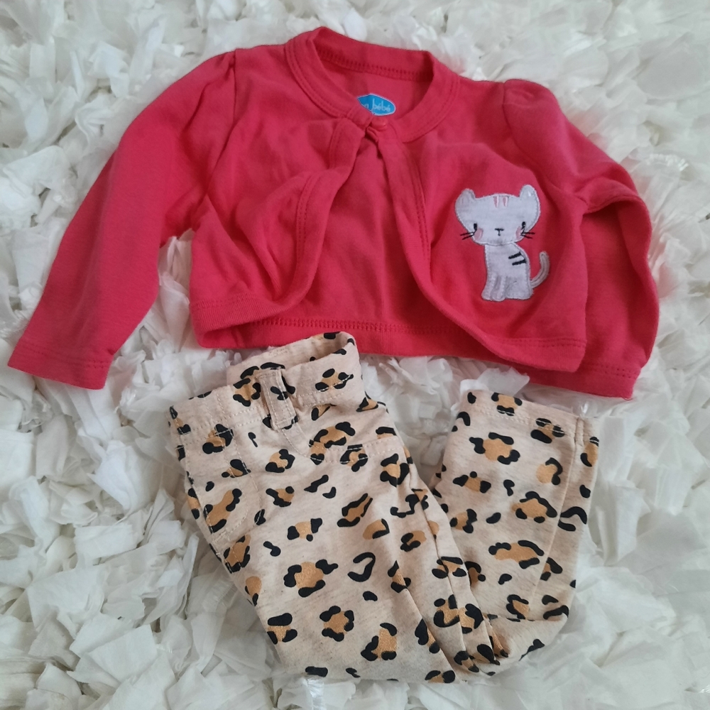 Kitty Cat Retro 3-6M Bundle Embroidered Cardigan Leopard Print Leggings 2 Pieces